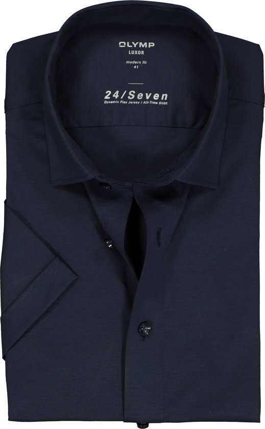OLYMP Luxor 24/Seven modern fit overhemd - korte mouw - marine blauw tricot - Strijkvriendelijk - Boordmaat: 44