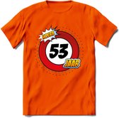 53 Jaar Hoera Verkeersbord T-Shirt | Grappig Verjaardag Cadeau | Dames - Heren | - Oranje - M