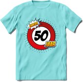 50 Jaar Hoera Verkeersbord T-Shirt | Grappig Abraham Verjaardag Cadeau | Dames - Heren | - Licht Blauw - XXL