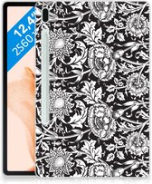 Tablethoes Samsung Galaxy Tab S7FE Siliconen Back Case Zwart Bloemen met doorzichte zijkanten