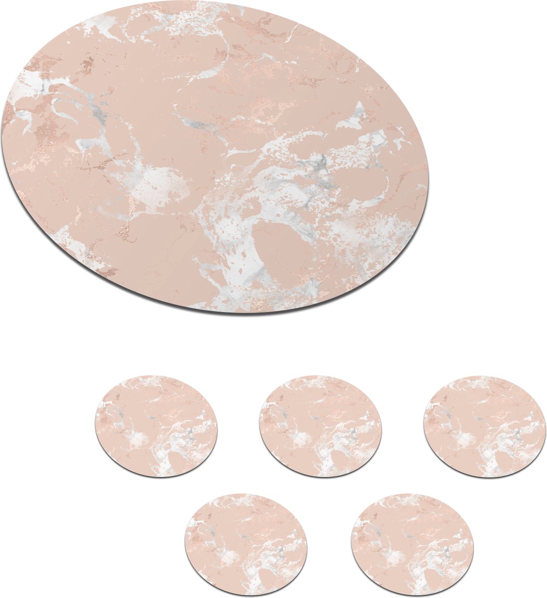 Onderzetters voor glazen - Rond - Marmer - Roze - Wit - 10x10 cm - Glasonderzetters - 6 stuks