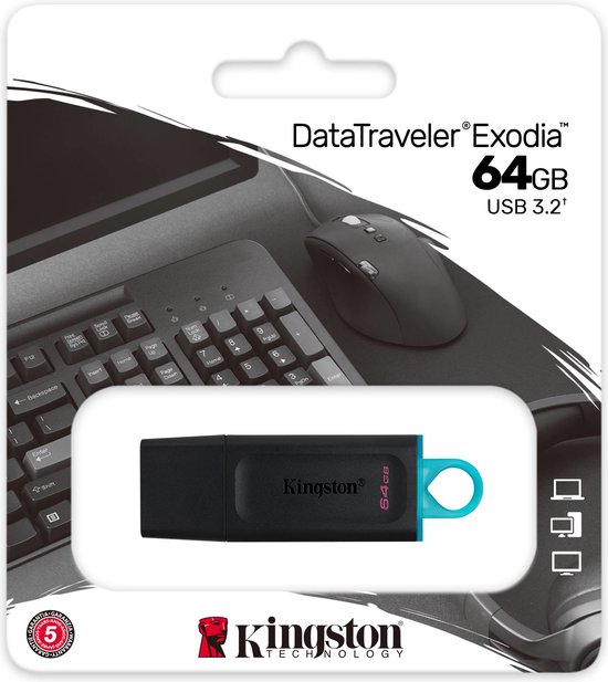 Verpakking van de Kingston DataTraveler Exodia 64GB USB 3.2 stick met toetsenbord en muis.