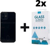 Crystal Backcase Transparant Shockproof Met Pasjeshouder Hoesje iPhone 12 Mini Zwart - 2x Gratis Screen Protector - Telefoonhoesje - Smartphonehoesje
