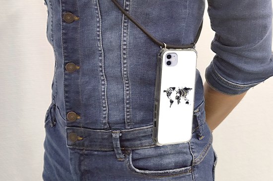 Coque avec cordon iPhone 11 - Carte du Wereldkaart - Goud - Ligne - Siliconen - Bandoulière - Coque arrière avec cordon - Coque pour téléphone avec cordon - Coque avec corde