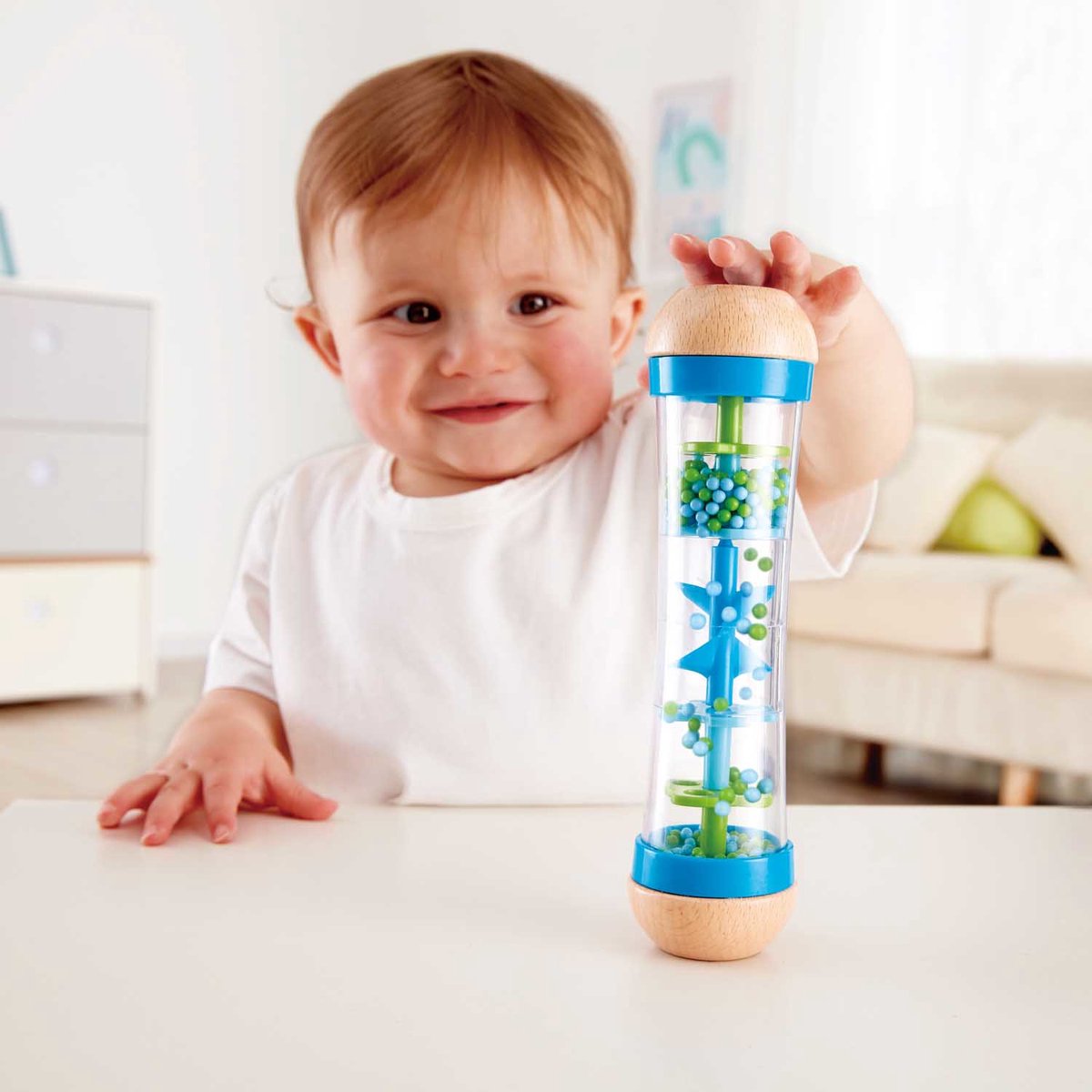 Hape Regenmaker Blauw - Houten Babyspeelgoed met Kalmerende Regengeluiden vanaf 0 Maanden — afbeelding 14