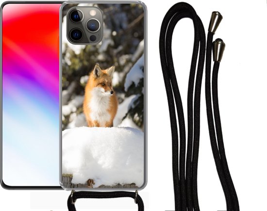 Telefoonhoesje Geschikt voor iPhone 12 pro crossbody - Vos - Sneeuw - Boom - Siliconen - Crossbody - Backcover met Koord - Telefoonhoesje met koord - Hoesje met touw Telefoonhoesje