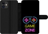Bookcase Geschikt voor iPhone 12 Pro telefoonhoesje - Controller - Game - Neon - Zwart - Quotes - Game zone - Met vakjes - Wallet case met magneetsluiting