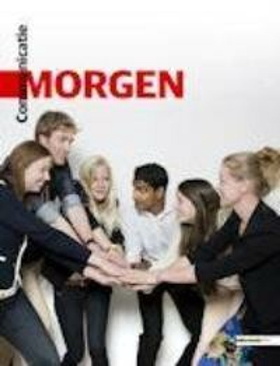 Een groep van zes jonge mensen, met de handen in elkaar, met de tekst 'Morgen' en 'Communicatie' op de achtergrond.