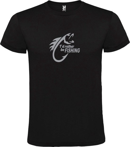 Zwart  T shirt met  " I'd rather be Fishing / ik ga liever vissen " print Zilver size M