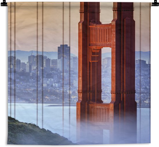 Wandkleed - Wanddoek - Golden Gate Bridge en San Francisco op de achtergrond - 180x180 cm - Wandtapijt