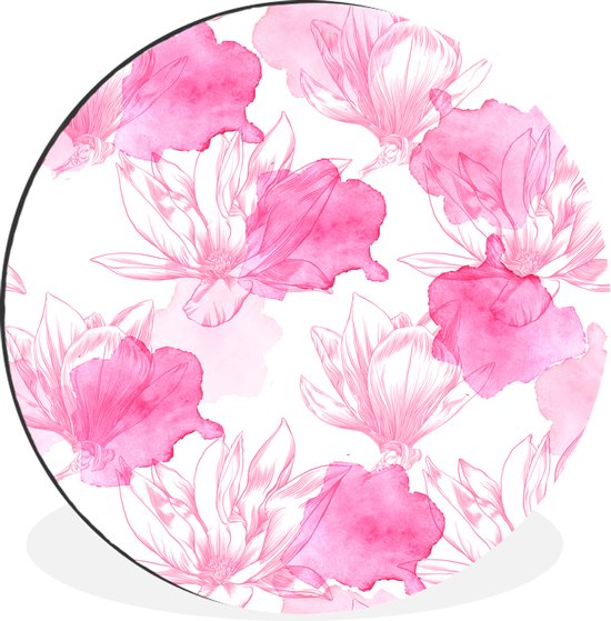 WallCircle - Wandcirkel - Muurcirkel - Lente illustratie magnolia bloemen - Aluminium - Dibond - ⌀ 30 cm - Binnen en Buiten