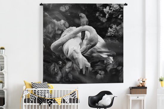 Tapisserie - Toile murale - Flamingo - Papillons - Jungle - Zwart - Wit - 180x180 cm - Tapisserie
