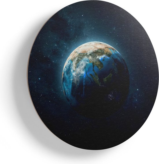 Artaza Houten Muurcirkel - De Aarde Vanuit De Ruimte - Ø 65 cm - Multiplex Wandcirkel - Rond Schilderij