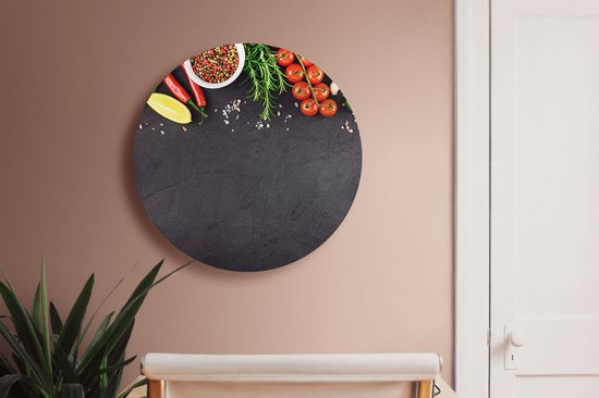 Artaza Cercle mural Dibond Herbes avec légumes sur assiette noire - Ø 70 cm - Cercle mural - Peinture ronde - Pour intérieur et extérieur