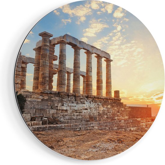 Artaza Dibond Muurcirkel Tempel van Poseidon in Athene, Griekenland - Ø 90 cm - Groot - Wandcirkel - Rond Schilderij - Voor Binnen en Buiten