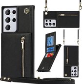 Geschikt Voor Samsung Galaxy S21 Ultra Hoesje Met Koord - Solidenz Portemonnee Hoes S21 Ultra - Telefoonhoesje Met Koord S21 Ultra - Wallet Case - Cover Hoes Met Koordje - Zwart