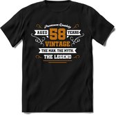 58 Jaar Legend T-Shirt | Goud - Wit | Grappig Verjaardag en Feest Cadeau Shirt | Dames - Heren - Unisex | Tshirt Kleding Kado | - Zwart - XXL