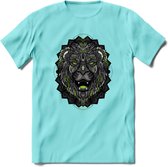 Leeuw - Dieren Mandala T-Shirt | Groen | Grappig Verjaardag Zentangle Dierenkop Cadeau Shirt | Dames - Heren - Unisex | Wildlife Tshirt Kleding Kado | - Licht Blauw - XL