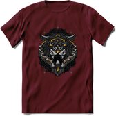 Tijger - Dieren Mandala T-Shirt | Geel | Grappig Verjaardag Zentangle Dierenkop Cadeau Shirt | Dames - Heren - Unisex | Wildlife Tshirt Kleding Kado | - Burgundy - L