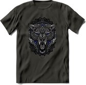 Wolf - Dieren Mandala T-Shirt | Donkerblauw | Grappig Verjaardag Zentangle Dierenkop Cadeau Shirt | Dames - Heren - Unisex | Wildlife Tshirt Kleding Kado | - Donker Grijs - M