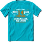 14 Jaar Legend T-Shirt | Goud - Wit | Grappig Verjaardag en Feest Cadeau Shirt | Dames - Heren - Unisex | Tshirt Kleding Kado | - Blauw - S