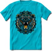 Beer - Dieren Mandala T-Shirt | Geel | Grappig Verjaardag Zentangle Dierenkop Cadeau Shirt | Dames - Heren - Unisex | Wildlife Tshirt Kleding Kado | - Blauw - 3XL