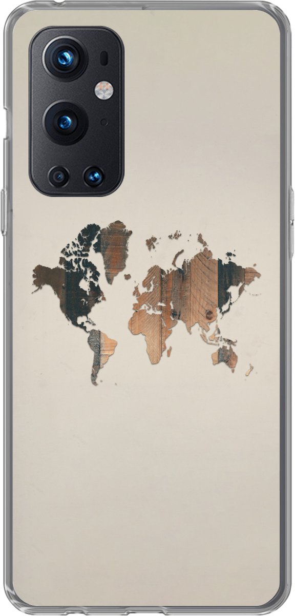 Geschikt voor OnePlus 9 Pro hoesje - Wereldkaart -Hout - Plank - Siliconen Telefoonhoesje