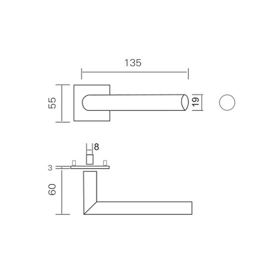 Technische tekening met afmetingen van een deurklink en rozet.