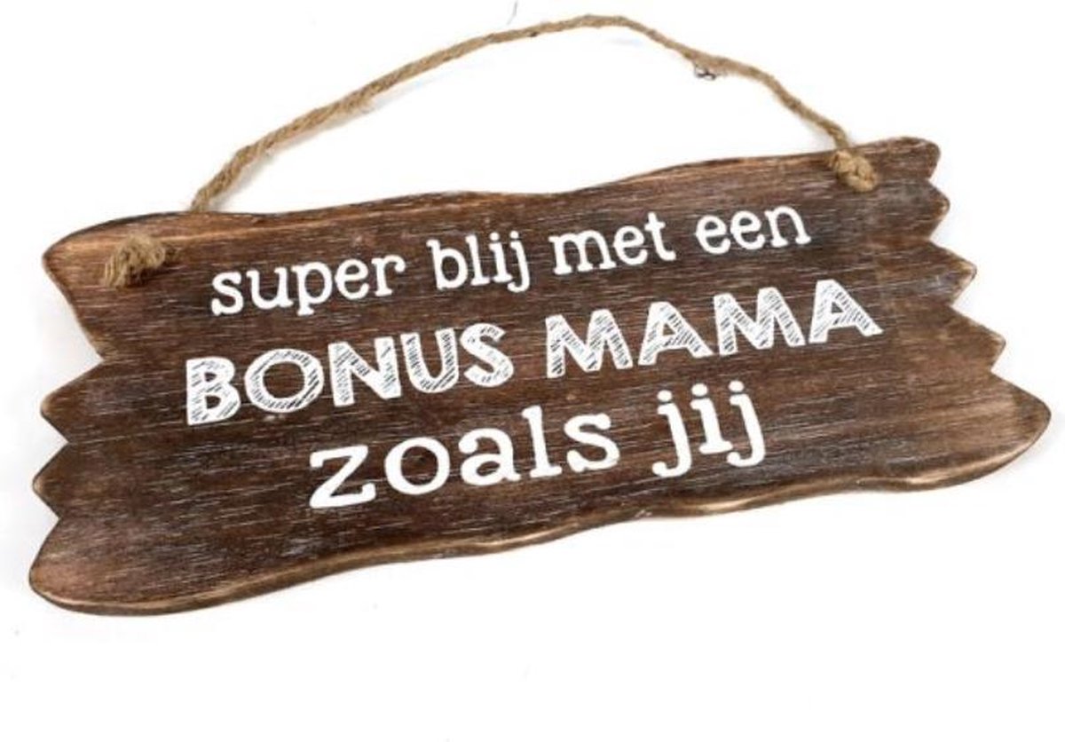 Houten Tekstplank / Tekstbord 12x30cm "Bonus Mama...." - Kleur Naturel