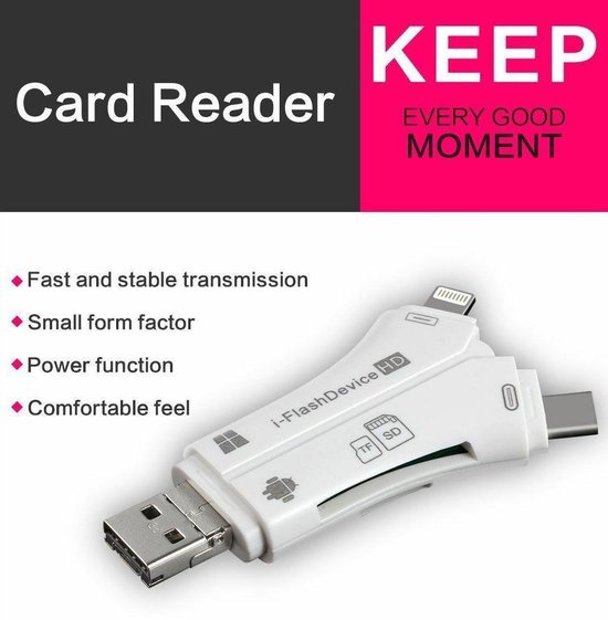Lightning IFlashDevice HD 4-in-1 Card Reader USB SDHC Micro SD Card Reader iOS, Android, Windows MacOS 4 in 1 - Flashdevice