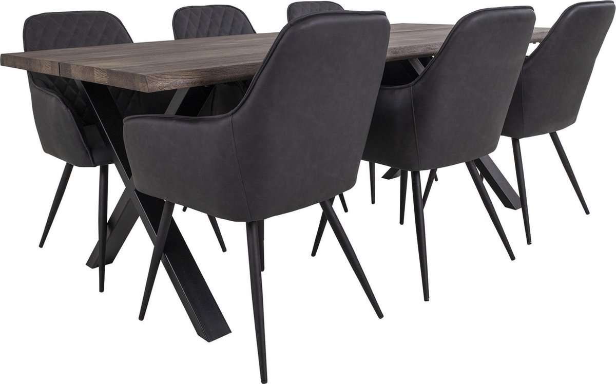 Tony eethoek , 1 eetkamertafel en 6 eetkamerstoelen, donker