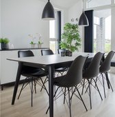 Cooper eethoek , 1 eetkamertafel met 2 platen en 6 eetkamerstoelen, zwart en wit.