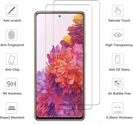 Un téléphone avec un fond floral violet et deux protecteurs d'écran. Des icônes décrivent 'Anti-rayures', 'Anti-empreintes digitales', 'Dureté 9H', etc.