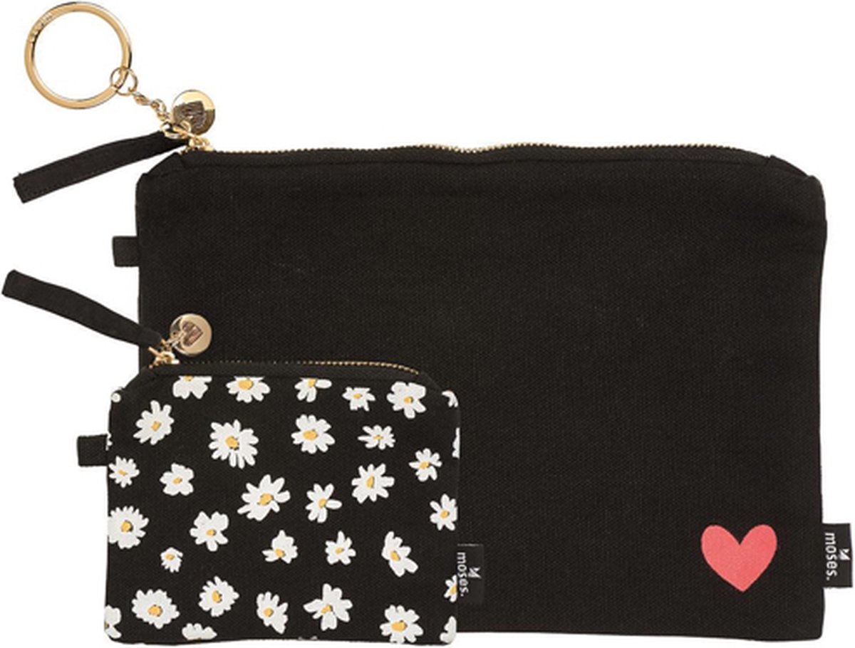 Toilettas/etui 2-delige set Zwart met Hartje en Zwart met madeliefjes - BIO-katoen - 22x15cm - 12x9cm