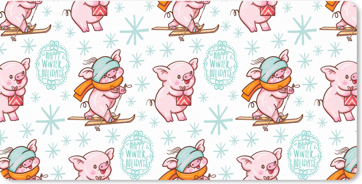 Muismat XXL 90x45 cm - Bureau onderlegger - Bureau mat Winter - Varkens - Sneeuw - Patroon - Skiën - Bureaumat - Gaming mousepad xl - Bureaulegger groot - Computer deskmat