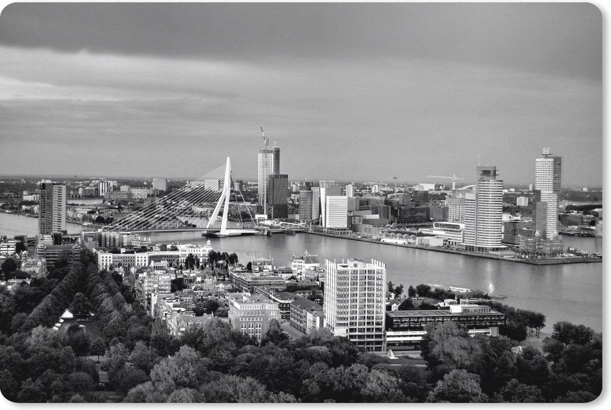 Muismat XXL - Bureau onderlegger - Bureau mat - Rotterdam skyline met de Erasmusbrug - zwart wit - 90x60 cm - XXL muismat