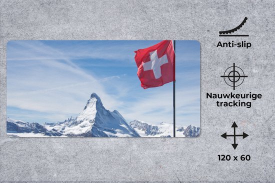 Muismat XXL 120x60 cm - Bureau onderlegger - Bureau mat Zwitserse Vlag bij Matterhorn in Zwitserland - Bureaumat - Gaming mousepad xl - Bureaulegger groot - Computer deskmat
