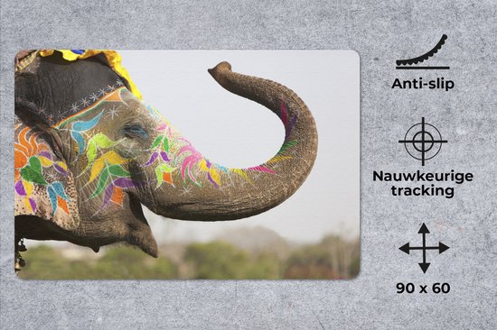 Muismat XXL 90x60 cm - Bureau onderlegger - Bureau mat Olifant - Kunst - India - Bureaumat - Gaming mousepad xl - Bureaulegger groot - Computer deskmat
