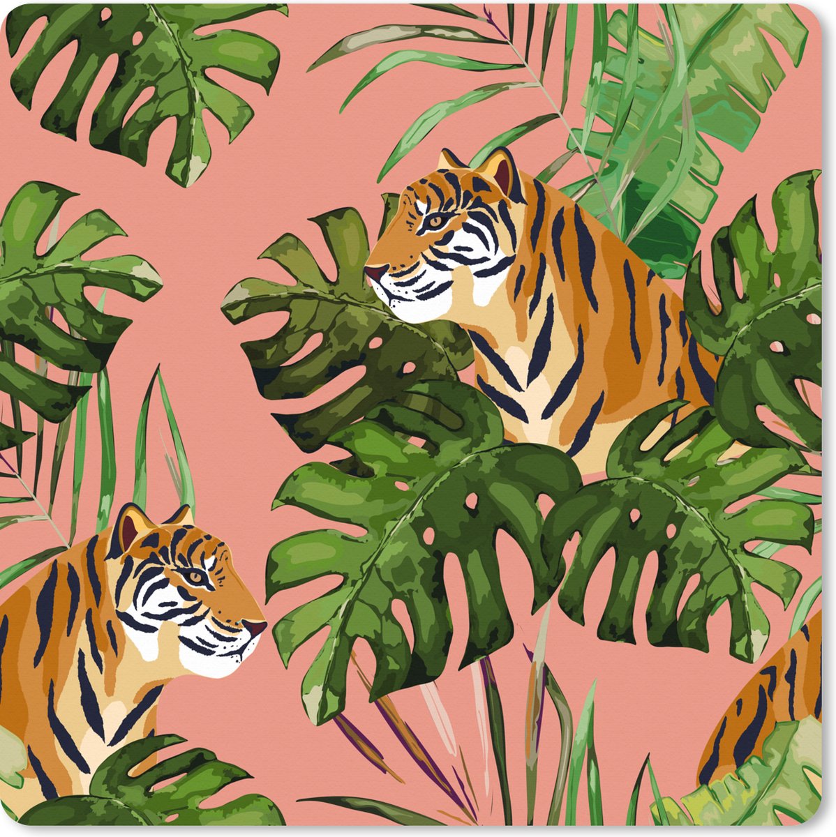 Muismat XXL 40x40 cm - Bureau onderlegger - Bureau mat Monstera - Tijger - Botanisch - Bureaumat - Gaming mousepad xl - Bureaulegger groot - Computer deskmat