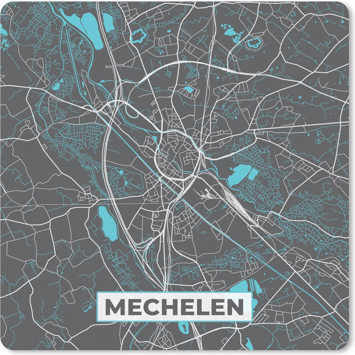 Muismat 20x20 cm - Mousepad Kaart – Plattegrond – Stadskaart – Mechelen – België - Grijs - Muismatten - Stadskaart