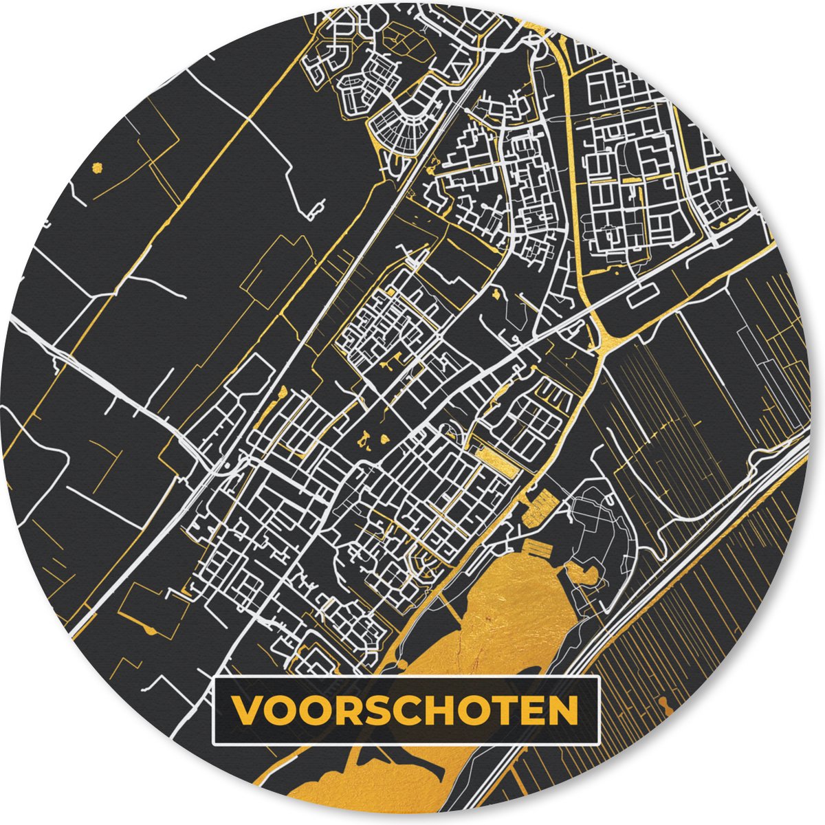 Muismat rond 40x40 cm - Mousepad Plattegrond - Voorschoten - Goud - Kaart - Stadskaart - Ronde muismatten - Stadskaart