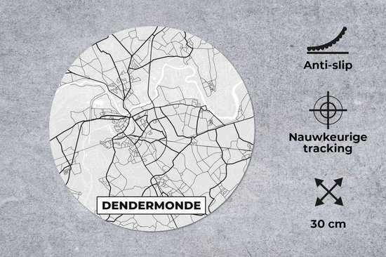 Muismat rond 30x30 cm - Mousepad Zwart Wit – België – Plattegrond – Stadskaart – Kaart – Dendermonde - Ronde muismatten - Stadskaart