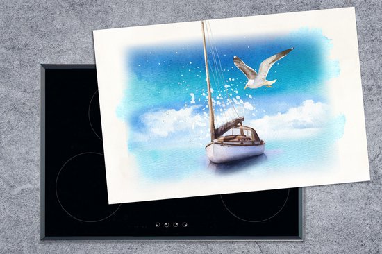 KitchenYeah® Inductie beschermer 78x52 cm - Boot - Water - Meeuw - Kookplaataccessoires - Afdekplaat voor kookplaat - Inductiebeschermer - Inductiemat - Inductieplaat mat
