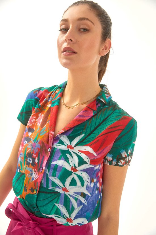Dames blouse groen met exotische print volwassen korte mouw 100% kwaliteit viscose luxe zomer chic