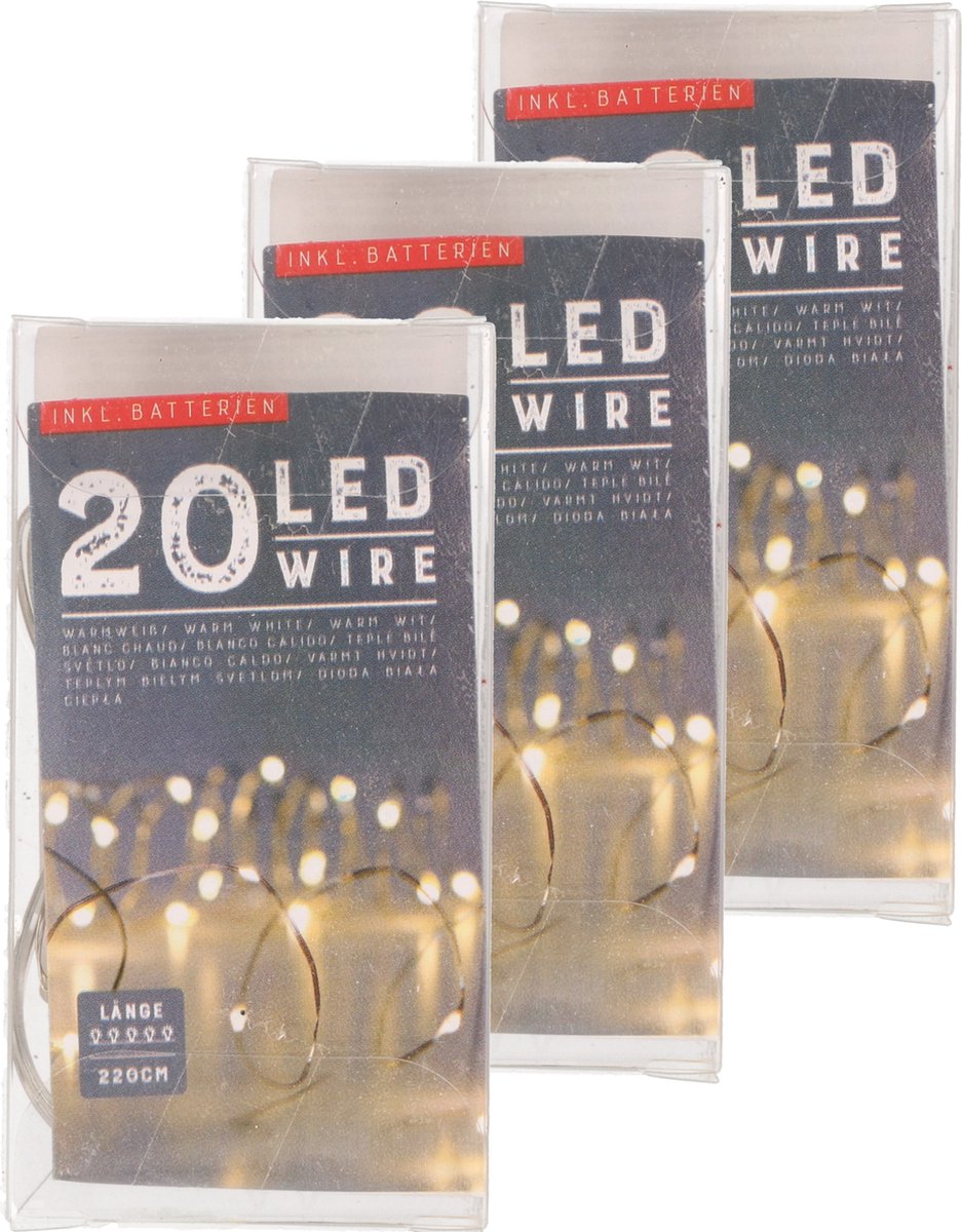 3x draadverlichting - zilver- 20 led - warm wit - 220 cm - kleine batterij houder