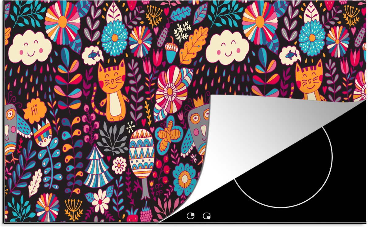KitchenYeah® Inductie beschermer 81.6x52.7 cm - Patroon - Uil - Kat - Bloemen - Kookplaataccessoires - Afdekplaat voor kookplaat - Inductiebeschermer - Inductiemat - Inductieplaat mat