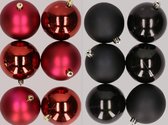 12x stuks kunststof kerstballen mix van donkerrood en zwart 8 cm - Kerstversiering
