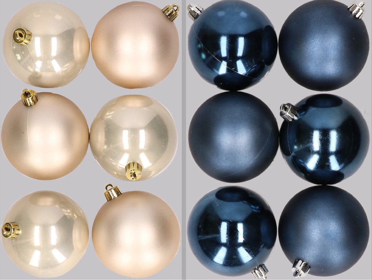 12x stuks kunststof kerstballen mix van champagne en donkerblauw 8 cm - Kerstversiering