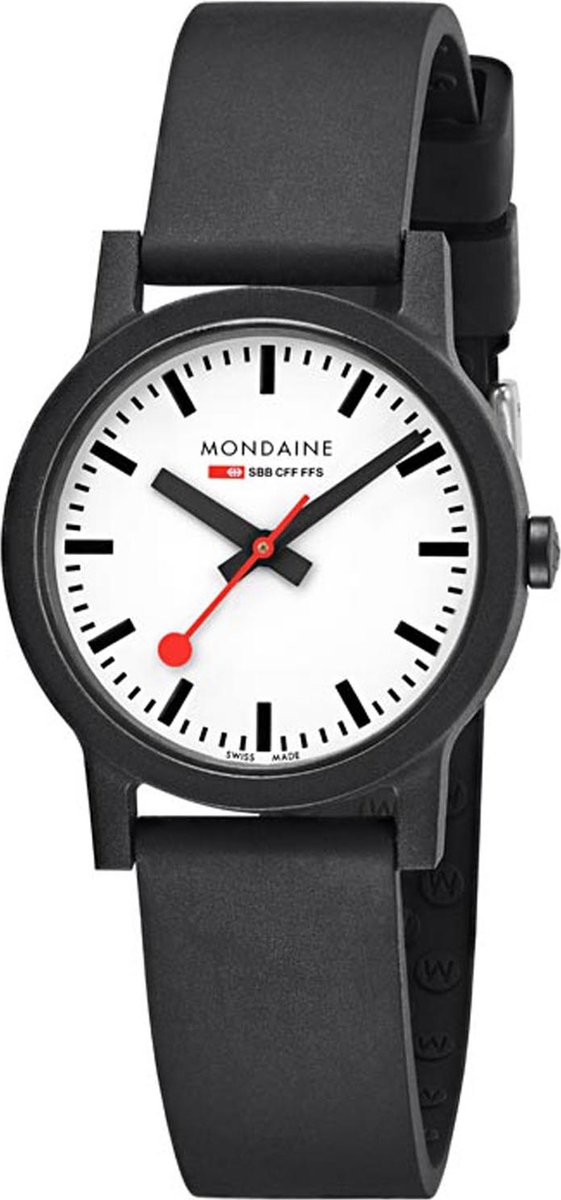 Mondaine MS1.32110.RB Essence Dameshorloge - Stationsklok - Mineraalglas - Kunststof - Zwart Wit - Ø 32 mm