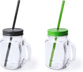 6x stuks Glazen Mason Jar drinkbekers met dop en rietje 500 ml - 3x zwart/3x groen - afsluitbaar/niet lekken/fruit shakes